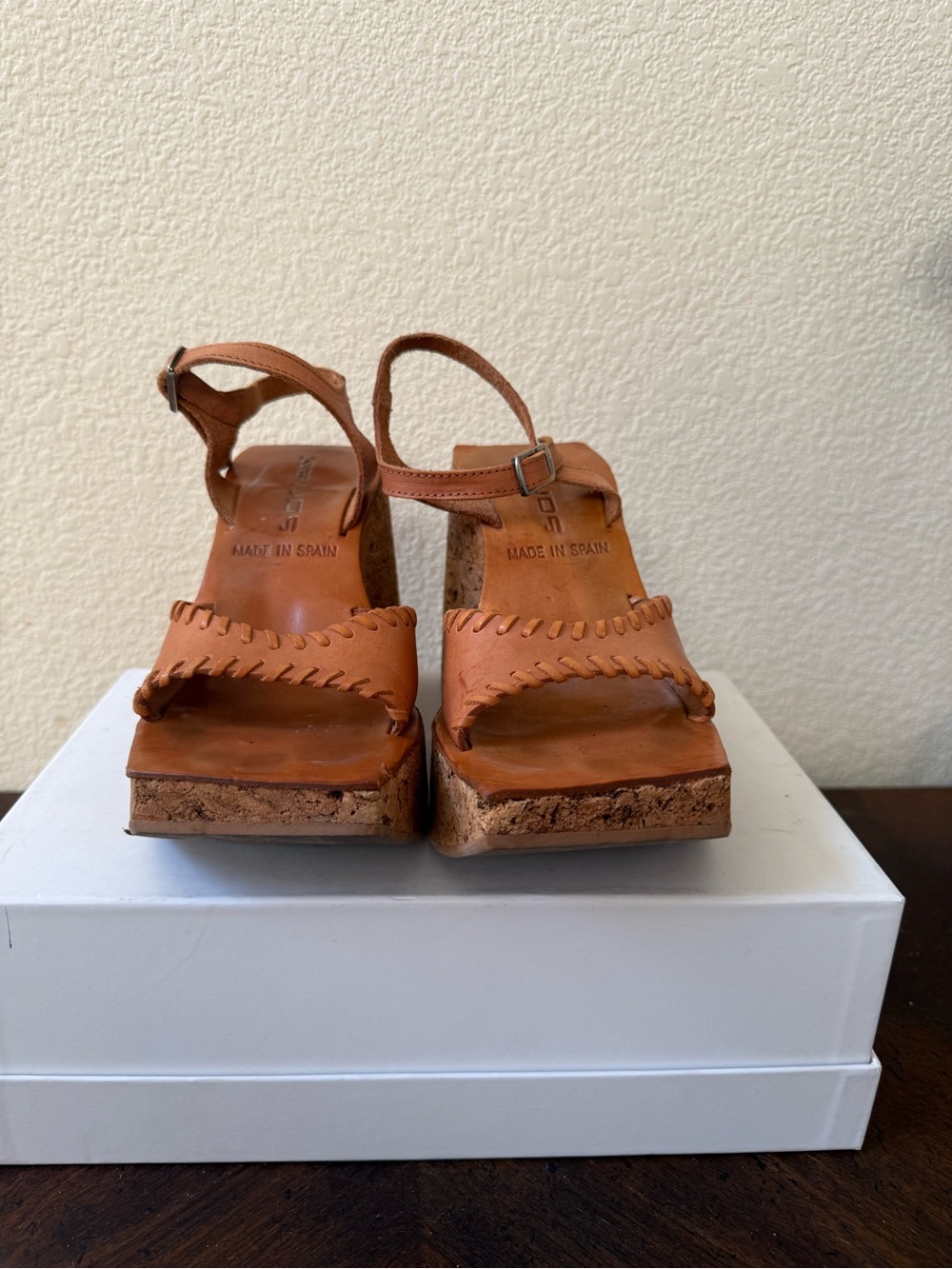 VTG 90s Sonax Spain Cork Platform Wedge Sandals EU 36 US 5.5-6 Cognac Leather - Picture 6 of 14